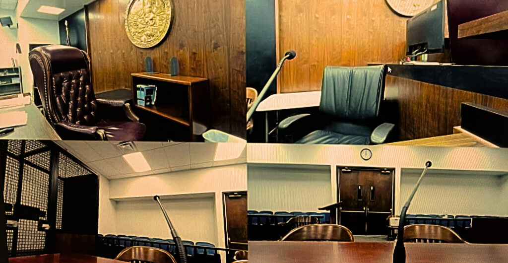 Four images in a courtroom, judge's bookcase, witness stand and counsel's table.